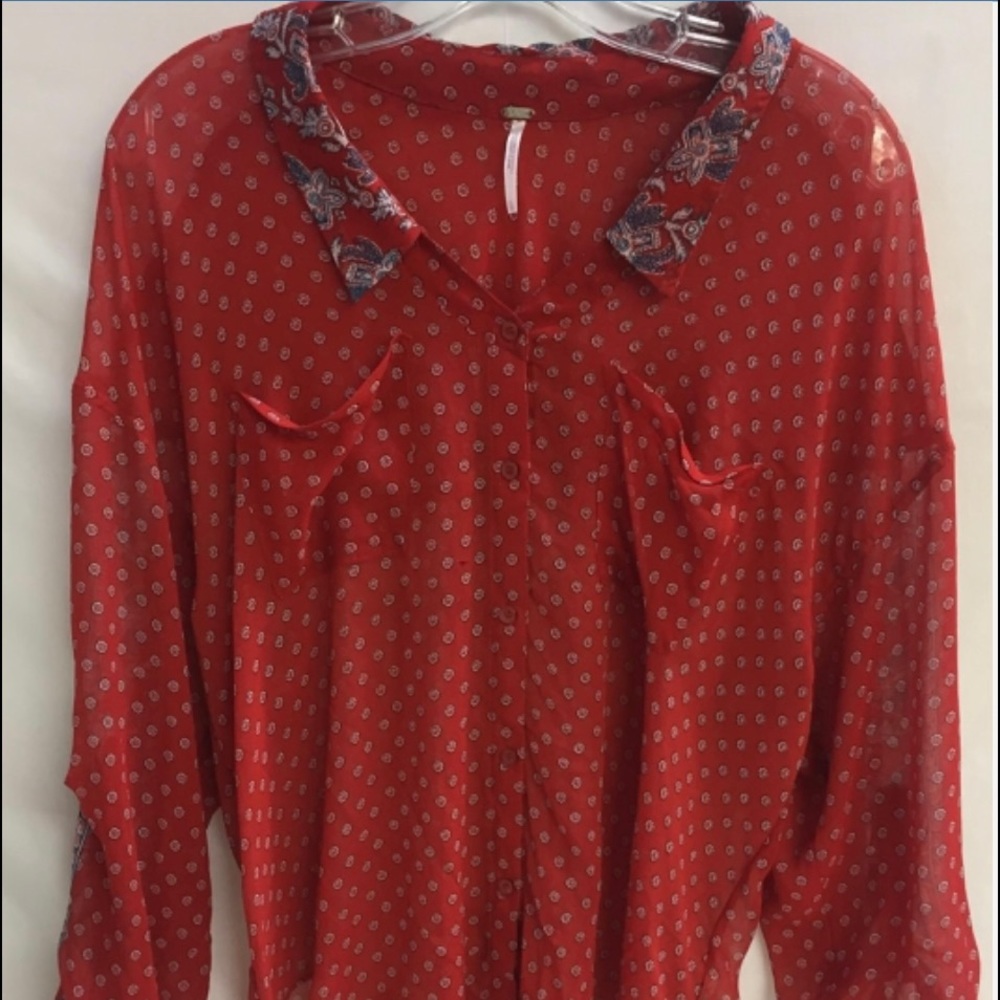 Free People Red Patterned Button-Down Sheer Shirt - image 1